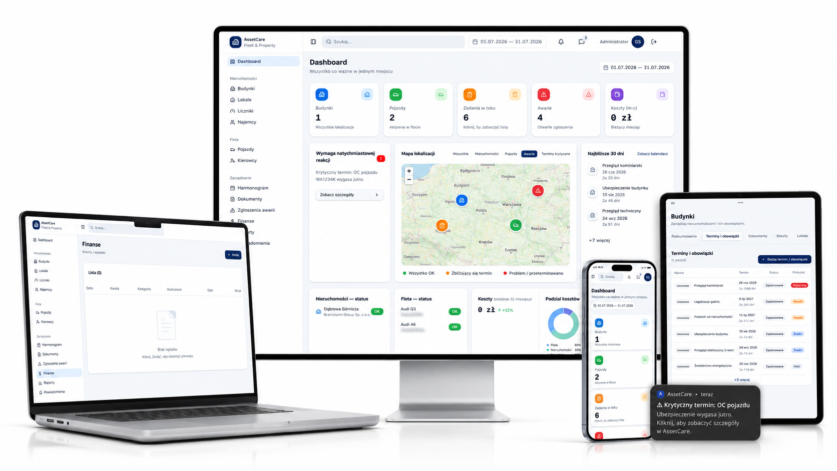 AssetCare — dashboard nieruchomości, floty i awarii